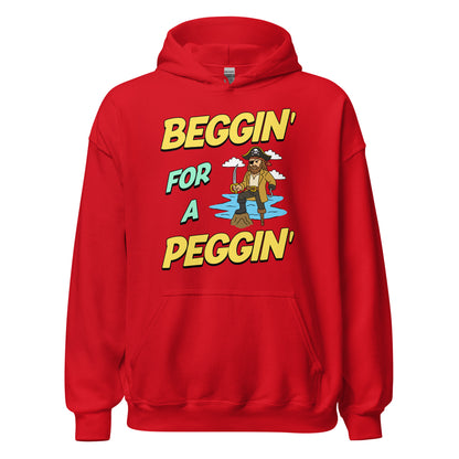 Hoodie with the phrase Beggin’ for a Peggin’ and a peg-legged pirate, offensive meme hoodie with sexual humor and unhinged NSFW design.