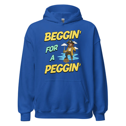 Hoodie with the phrase Beggin’ for a Peggin’ and a peg-legged pirate, offensive meme hoodie with sexual humor and unhinged NSFW design.