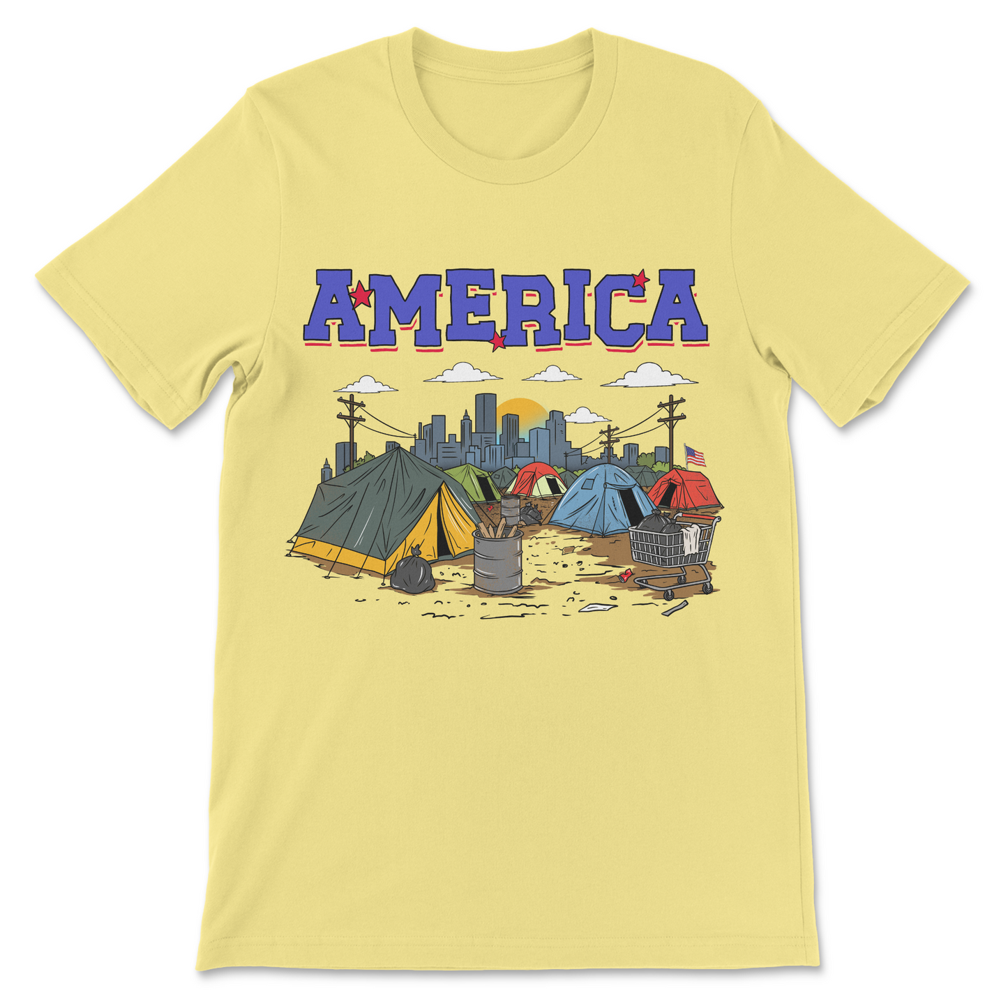 Political satire t-shirt showing an American tent city with colorful tents, litter, and a city skyline in the background.
