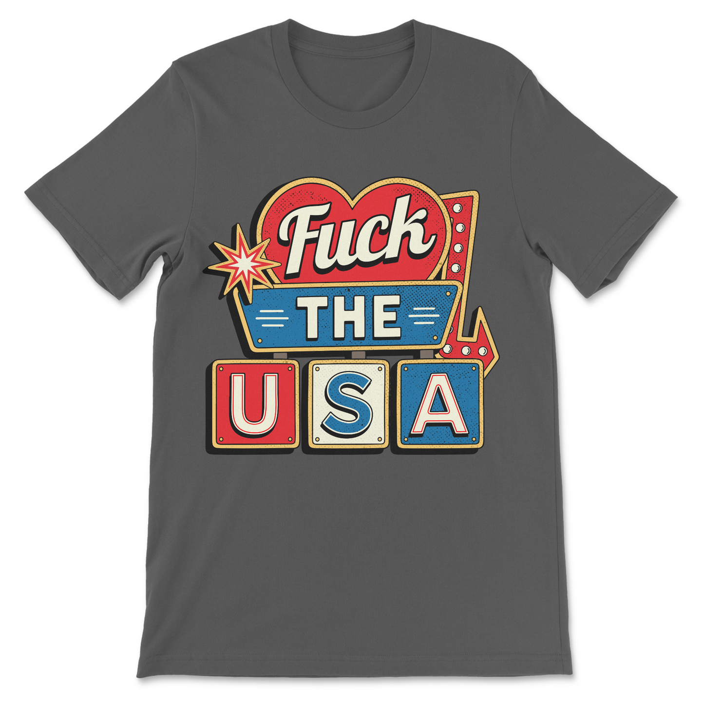 Political humor shirt featuring a vintage motel sign aesthetic and "Fuck the USA" design.
