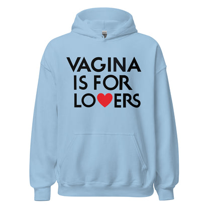 Funny graphic hoodie featuring the phrase Vagina Is for Lovers.
