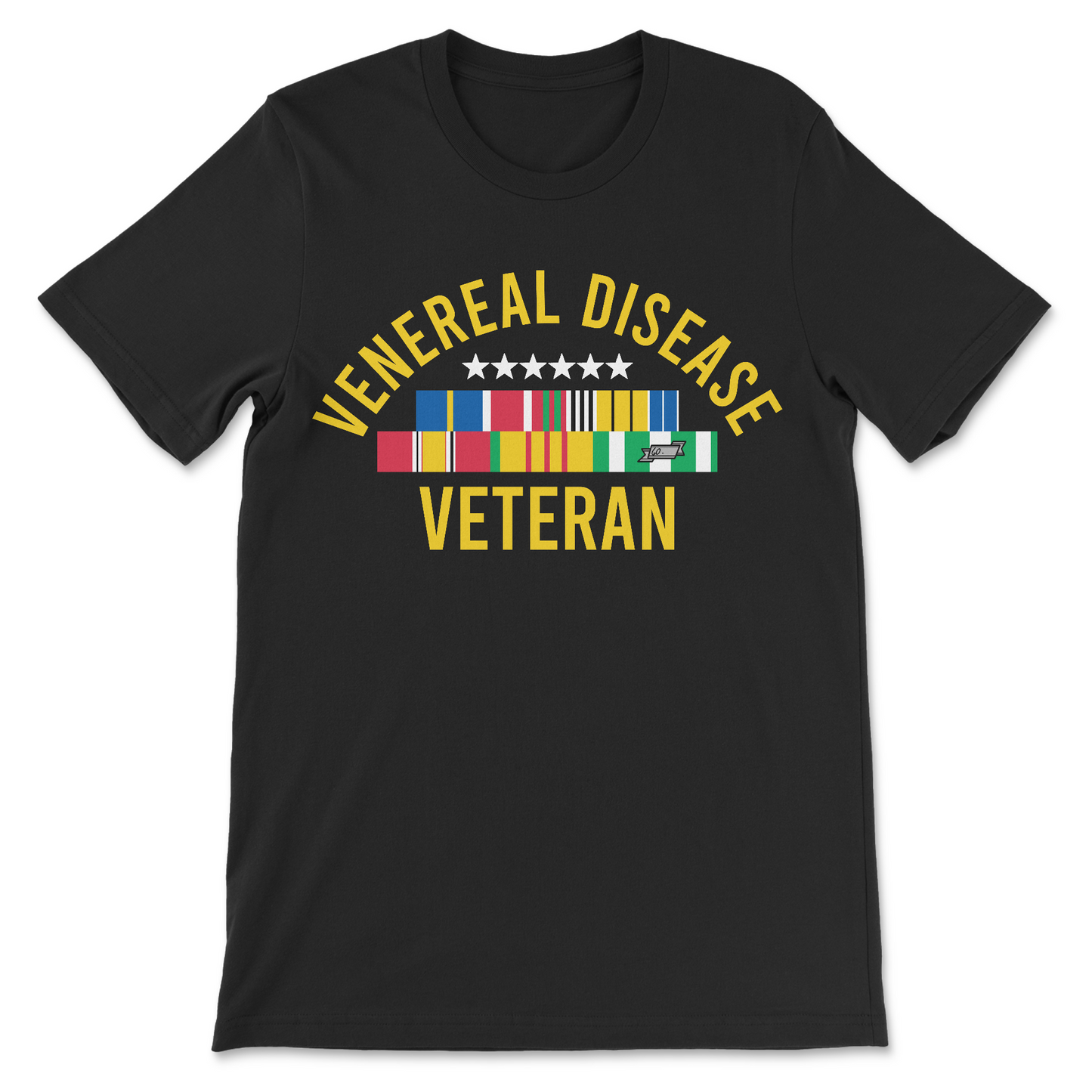 Raunchy Venereal Disease Veteran tee with dark humor and a classic veteran layout. Offensive and unfiltered.
