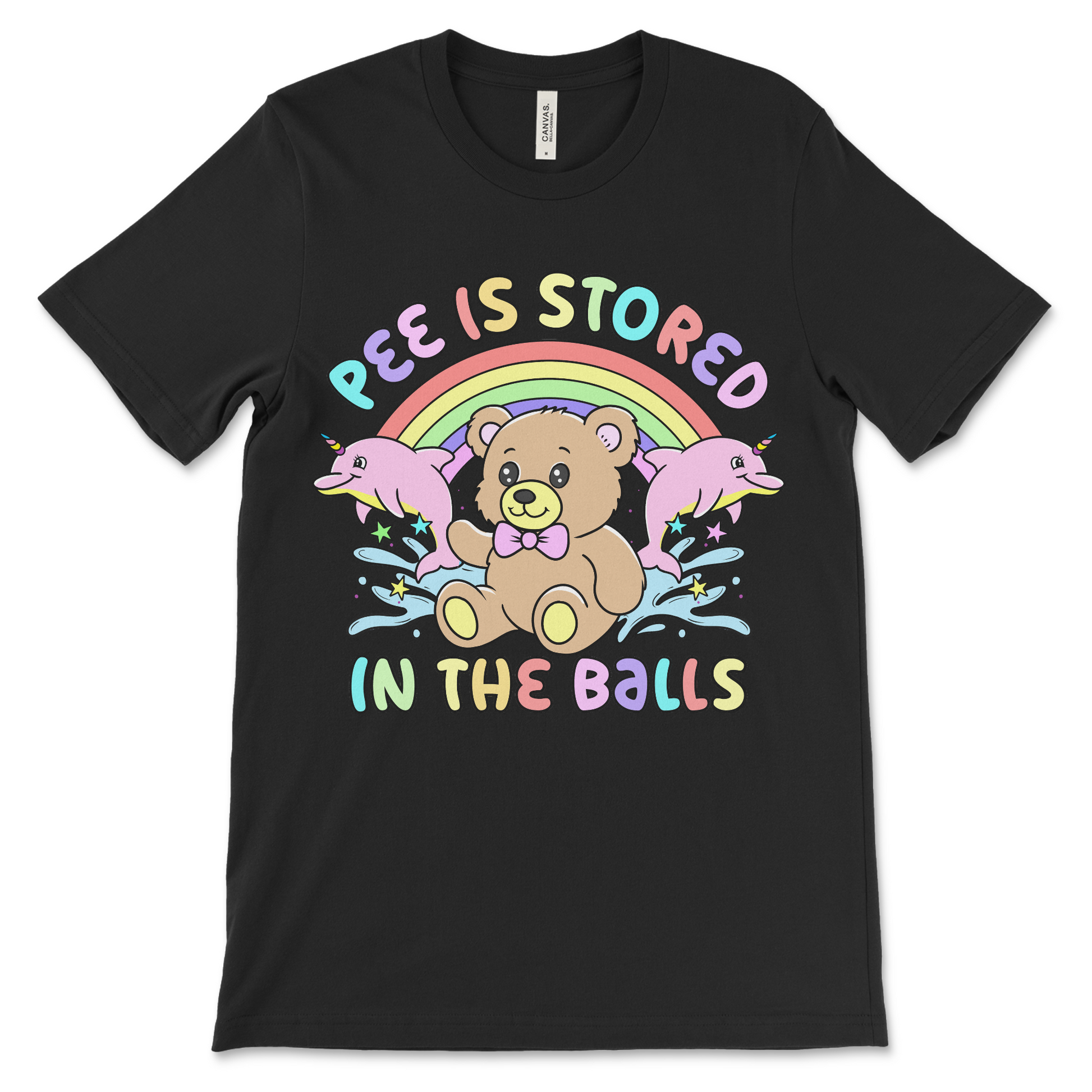 Fucked up very offensive adult humor tee with pee is stored in the balls design, featuring a unicorn dolphin, rainbow and teddy bear.