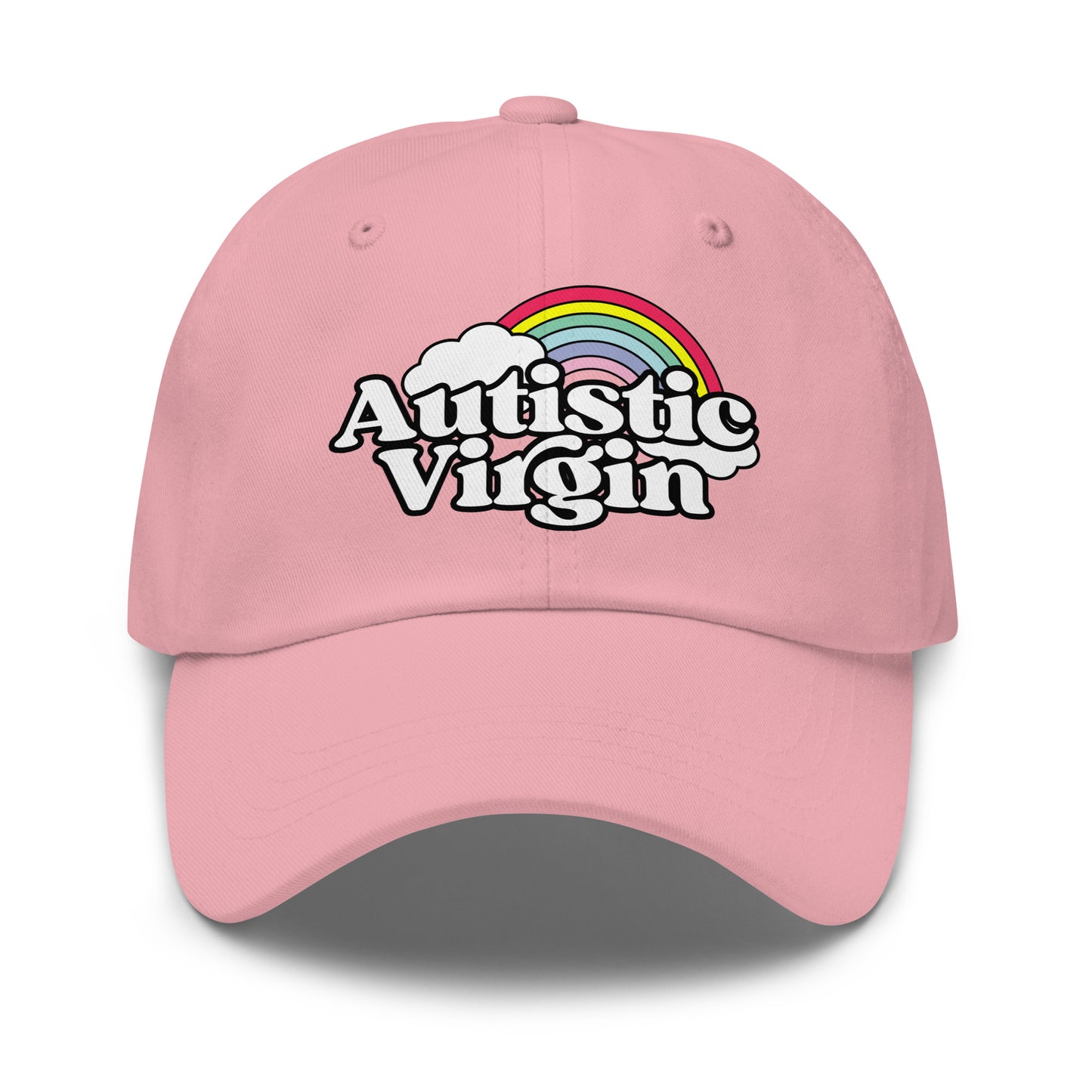 cute pink autism dad hat that says autistic virgin