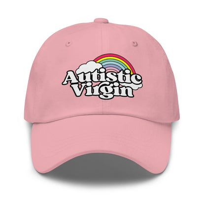 cute pink autism dad hat that says autistic virgin