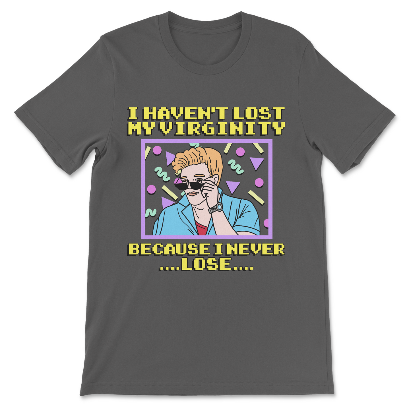 edgy meme shirt with inappropriate virginity humor text
