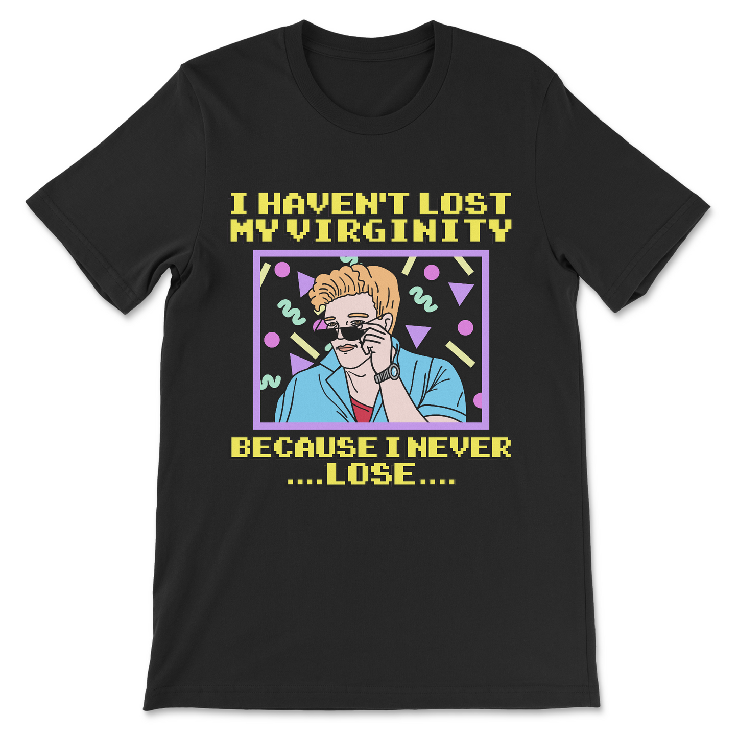 funny graphic t-shirt with bold text virginity joke design