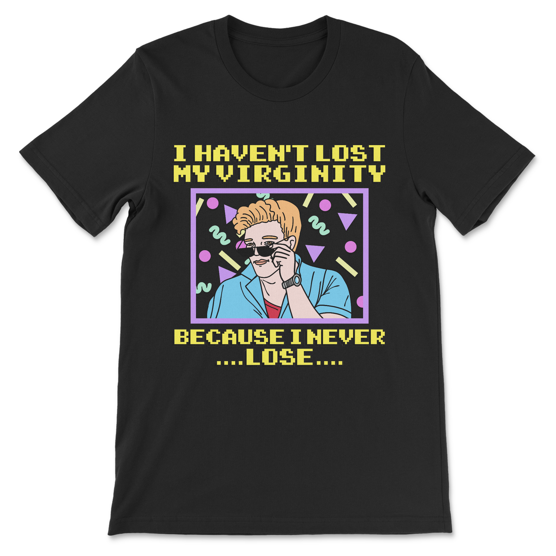 funny graphic t-shirt with bold text virginity joke design