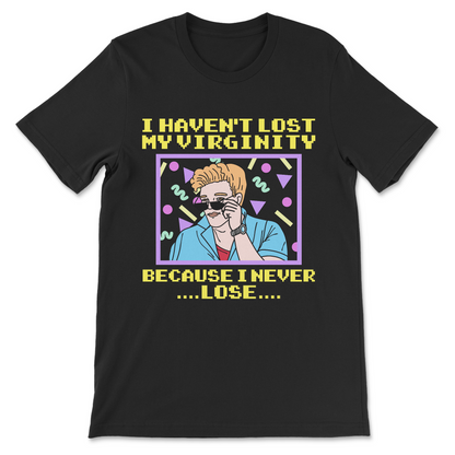 funny graphic t-shirt with bold text virginity joke design