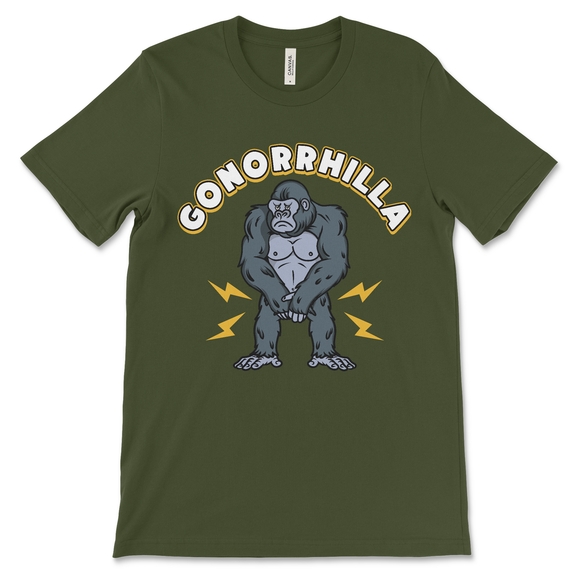 Funny gonorrhilla shirt featuring a sick gorilla with gonorrhea, gross meme tee with dark humor and STD pun