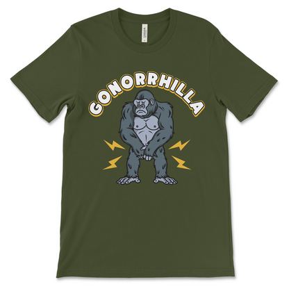 Funny gonorrhilla shirt featuring a sick gorilla with gonorrhea, gross meme tee with dark humor and STD pun