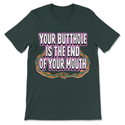 Vulgar humor graphic tee with funny mouth and butthole saying, colorful illustrated snake and offensive comedy design