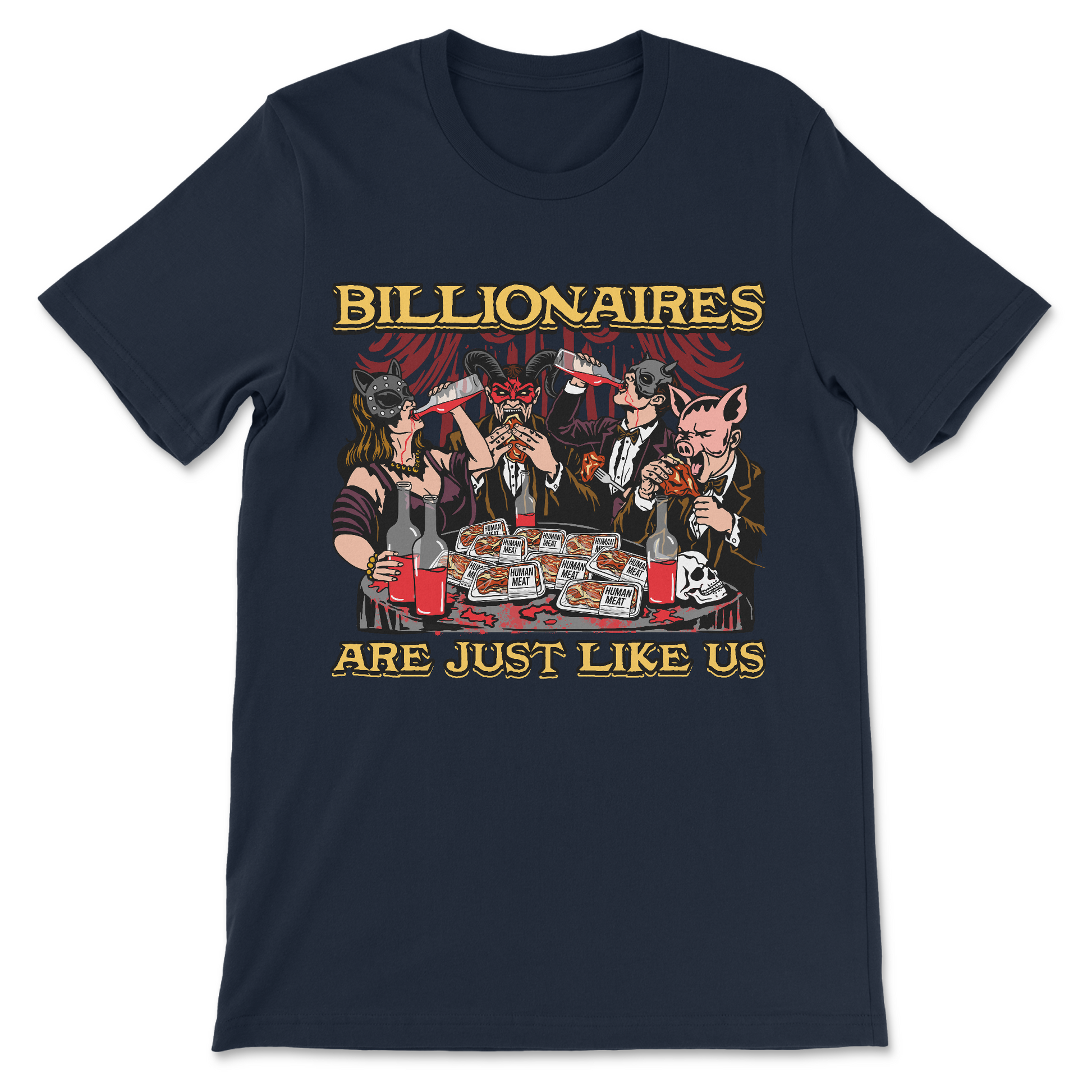 Sarcastic anti elite meme tee with masked aristocrat design
