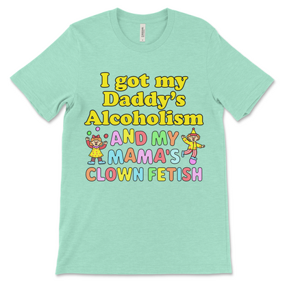 Cringe humor clown shirt with offensive meme text, vulgar joke, and unhinged streetwear look.

