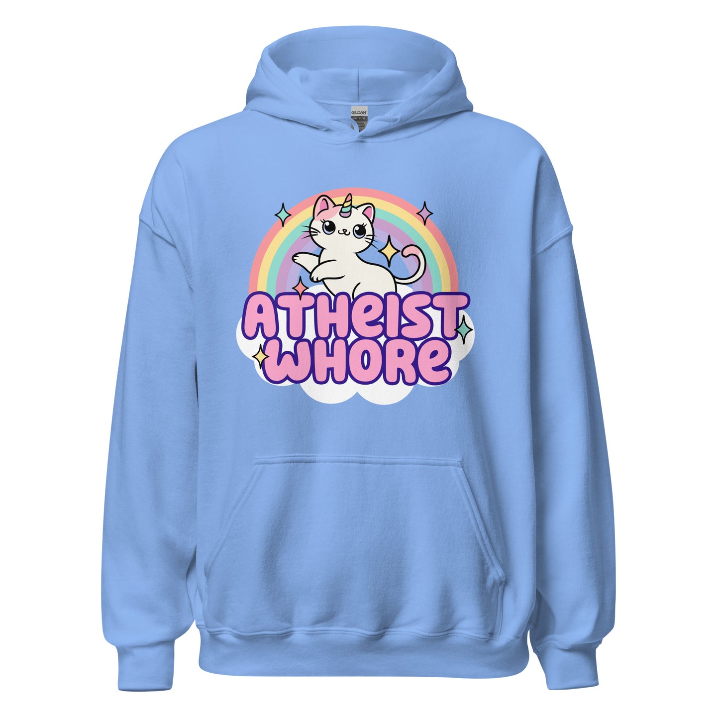 atheist whore hoodie with kitten unicorn and rainbow graphic
