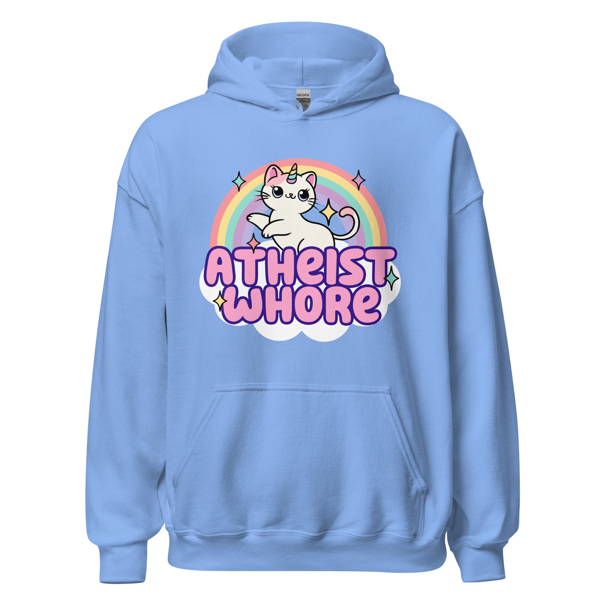 atheist whore hoodie with kitten unicorn and rainbow graphic
