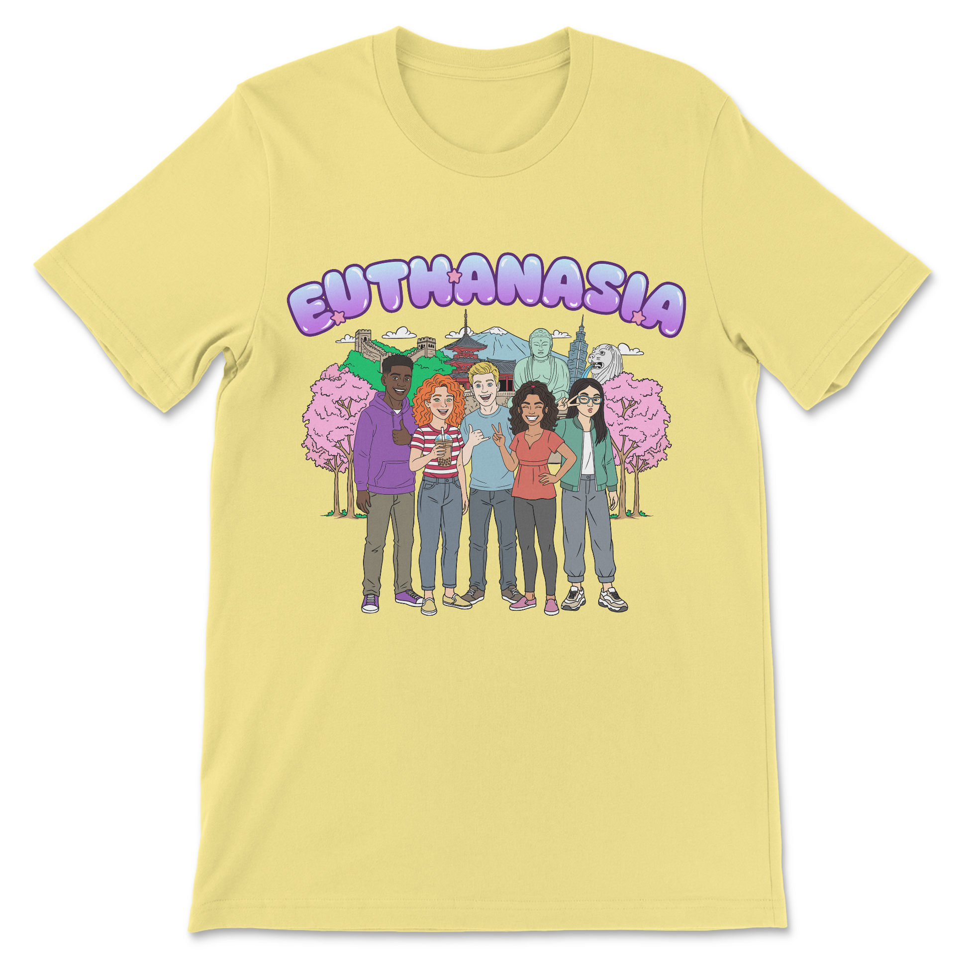 Offensive comedy shirt featuring a Youth In Asia joke and travel-inspired artwork.
